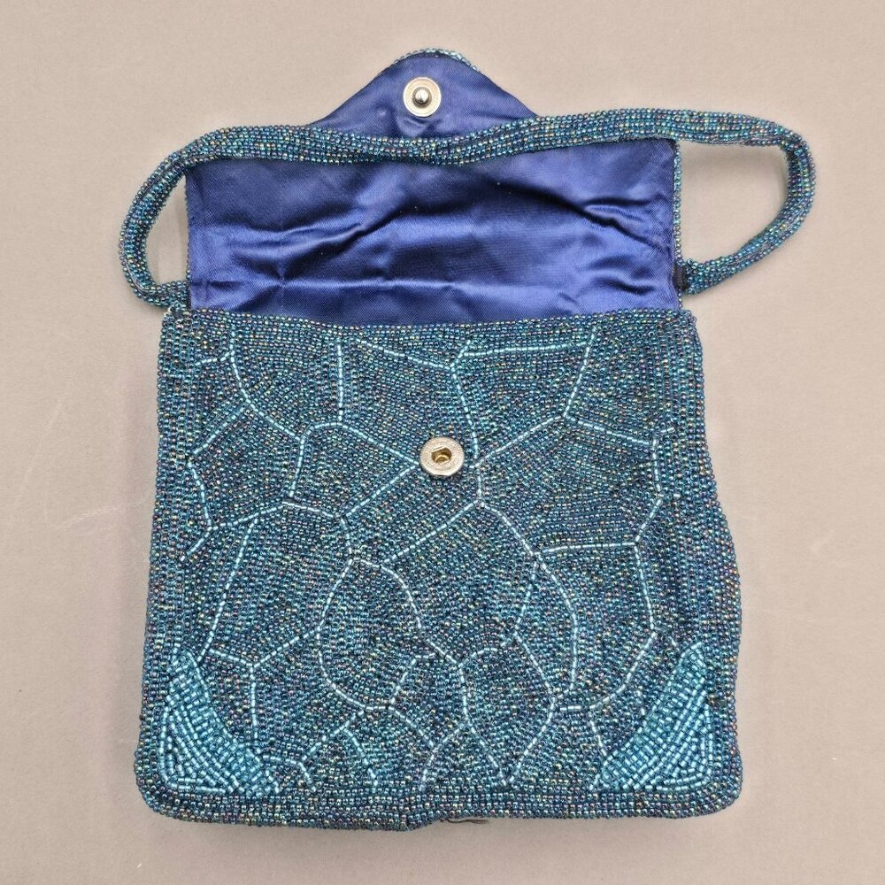 VTG Beaded Purse Made in Japan Blue Mosaic Iridescent Evening Bag Top Handle 60s - Picture 7 of 14